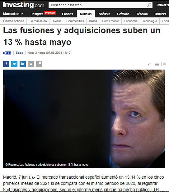 Las fusiones y adquisiciones suben un 13 % hasta mayo